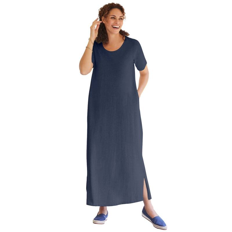 ウーマン ウィズイン レディース トップス ワンピース プラスサイズ Tシャツ 半袖 マキシ Woman Within Women's Plusize Perfect Short-Sleeve Scoopneck Maxi Tee Dress Navy ネイビー|ReVida 店