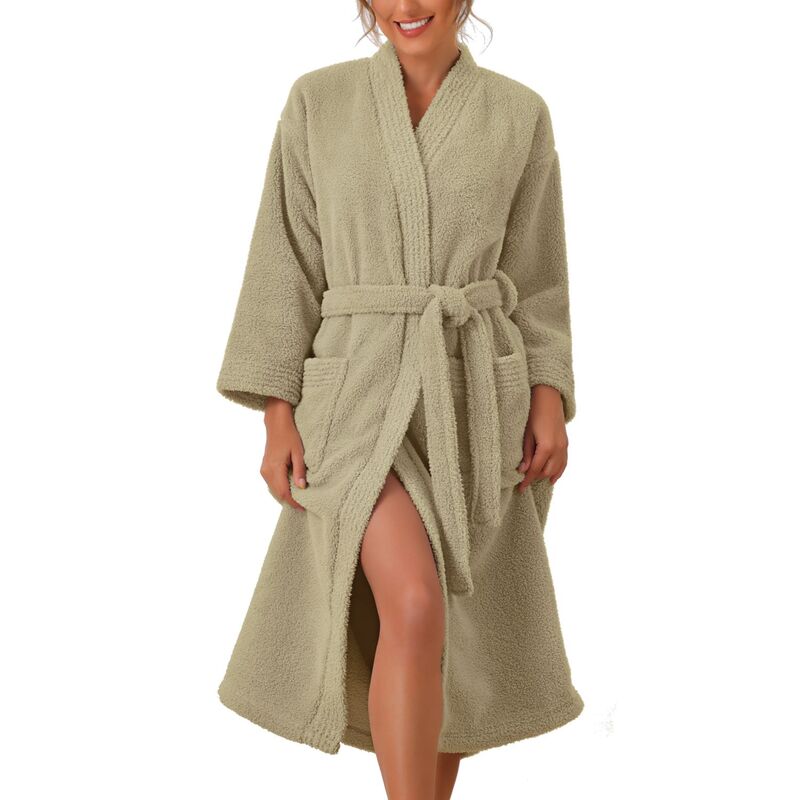 cheibear レディース アンダーウェア ナイトウェア プラスサイズ フリース cheibear Women's Fluffy Fleece Robe Long Sleeve Thick Plush Self Tie Long Bathrobe for After Shower Mustard Yellow イエロー｜ReVida 店