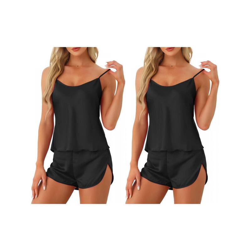 cheibear レディース アンダーウェア ナイトウェア ショートパンツ サテン シルク cheibear 2 Set of Womensatin Pajamasets Cami Short Setsleepwear Silky PJ Set with Shorts Black ブラック