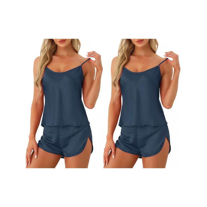 cheibear レディース アンダーウェア ナイトウェア ショートパンツ サテン シルク cheibear 2 Set of Womensatin Pajamasets Cami Short Setsleepwear Silky PJ Set with Shorts Navy Blue ネイビー
