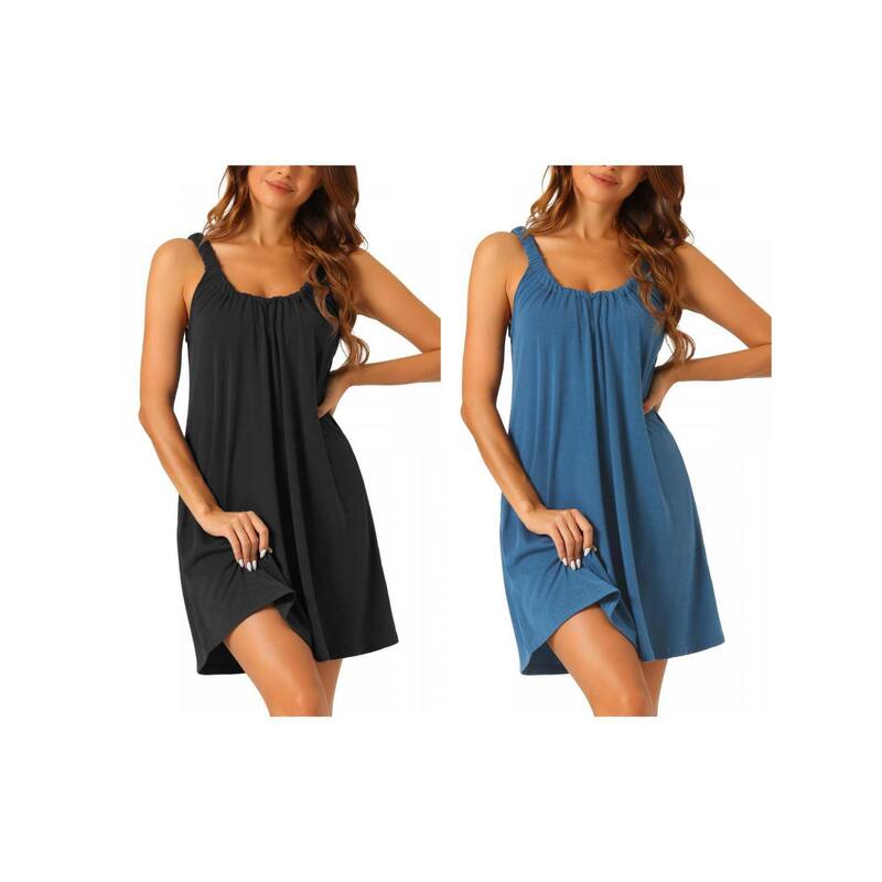 cheibear レディース アンダーウェア ナイトウェア シャツ ノースリーブ cheibear 2 Pack Womens Nightgown Sleevelessleepwear Sleep Shirt Large Hem Short Nightshirt Black Navy Blue ブラック