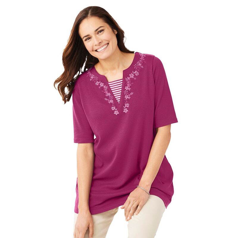 ウーマン ウィズイン レディース トップス Tシャツ プラスサイズ 刺繍 Woman Within Women's Plusize 7-Day Embroidered Layered-Look Tunic Raspberry Flower｜ReVida 店 9,926円