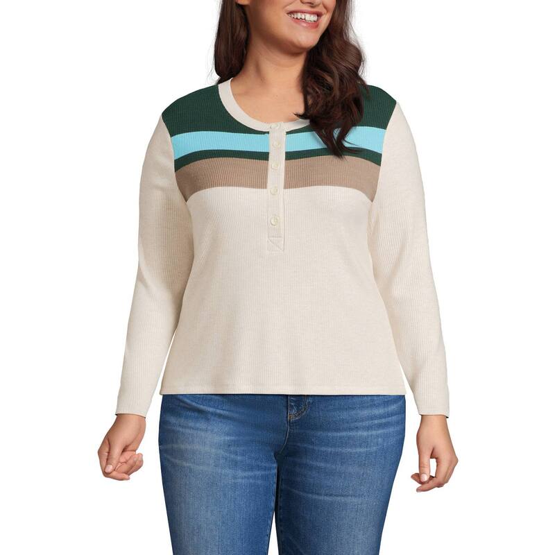 ランズ挙げ句の果て レディース トップス ティーシャツ 付け加える大いさ Plusize Lands\u0027 End Long Sleeve Cozy Rib Henley Top Deep Forestripe フォレスト レディースファッション-トップス