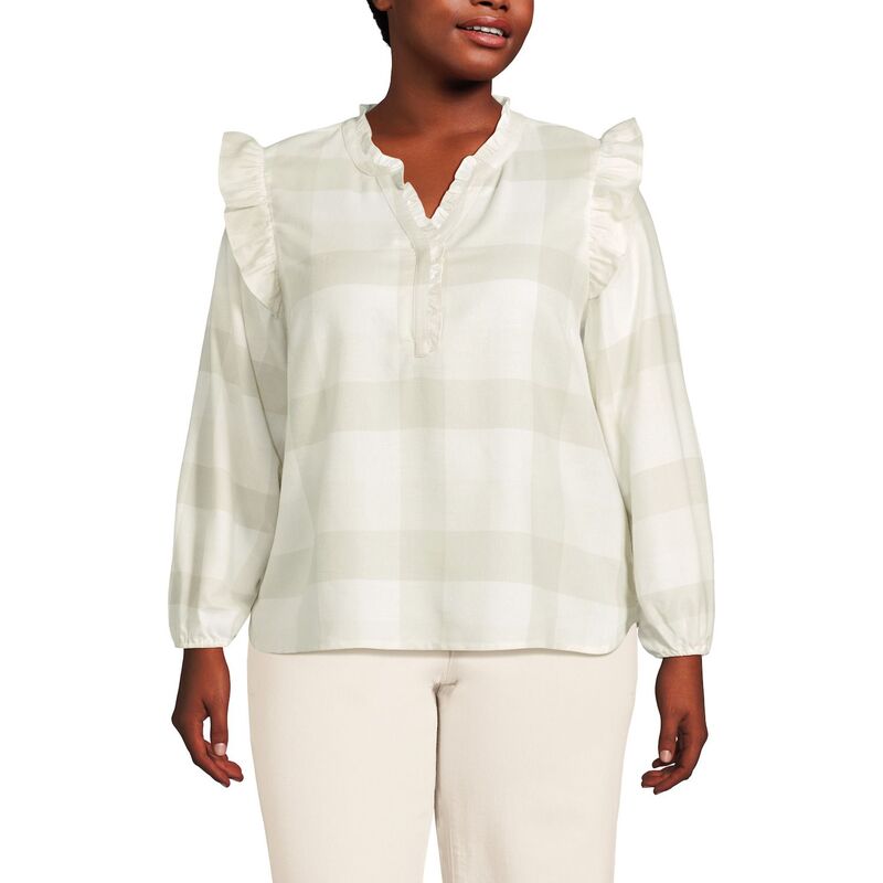ランズエンド レディース トップス シャツ プラスサイズ フリル ブラウス Plusize Lands' End Ruffle Front Flannel Popover Blouse Ivory Portobello アイボリー|ReVida 店