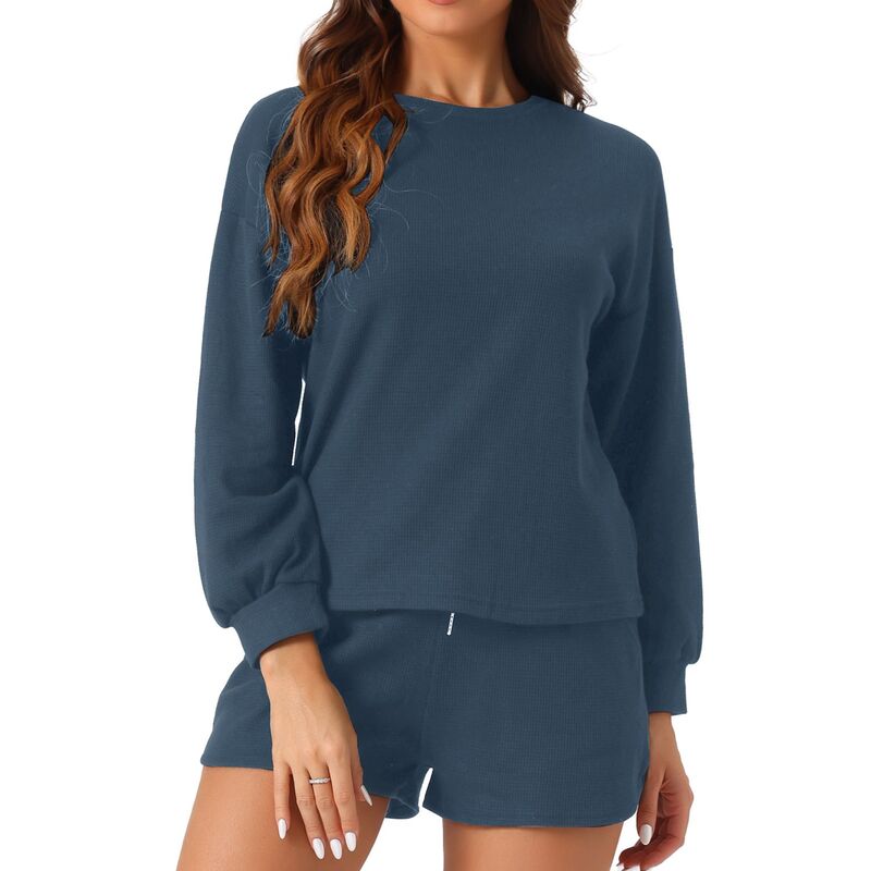 cheibear レディース アンダーウェア ナイトウェア ショートパンツ cheibear Women's Long Sleeve Shortsweatsuit Set 2 Piece Outfits Waffle Lounge Set Blue ブルー