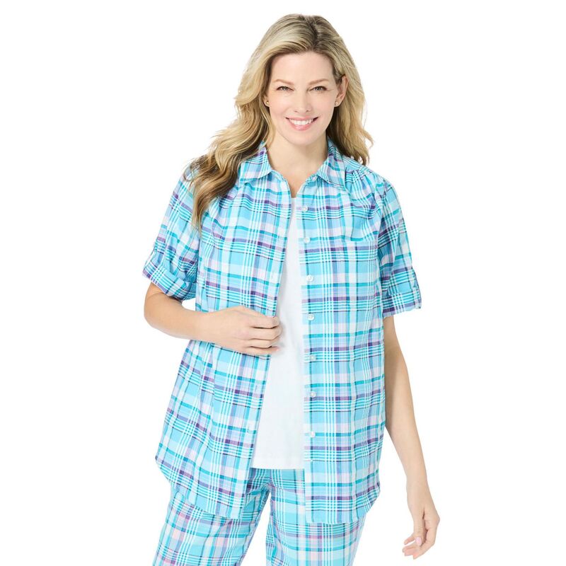 ウーマン ウィズイン レディース トップス シャツ ボタンダウン プラスサイズ 半袖 ダウン Woman Within Women's Plusize Short-Sleeve Button Down Seersucker Shirt Paradise Blue Plaid ブルー｜ReVida 店