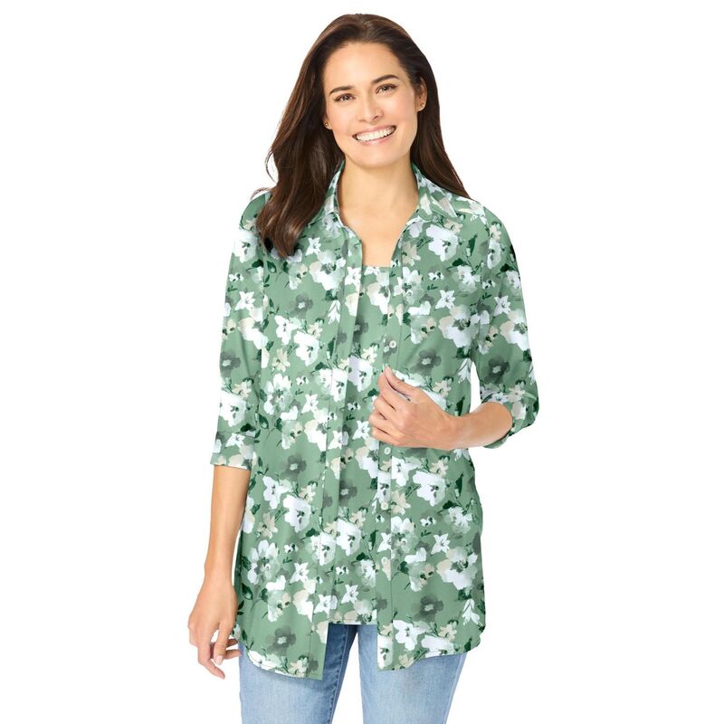 ウーマン ウィズイン レディース トップス シャツ プラスサイズ Woman Within Women's Plusize 2-Piece Shirt And Tank Sage Watercolor Flower セージ｜ReVida 店