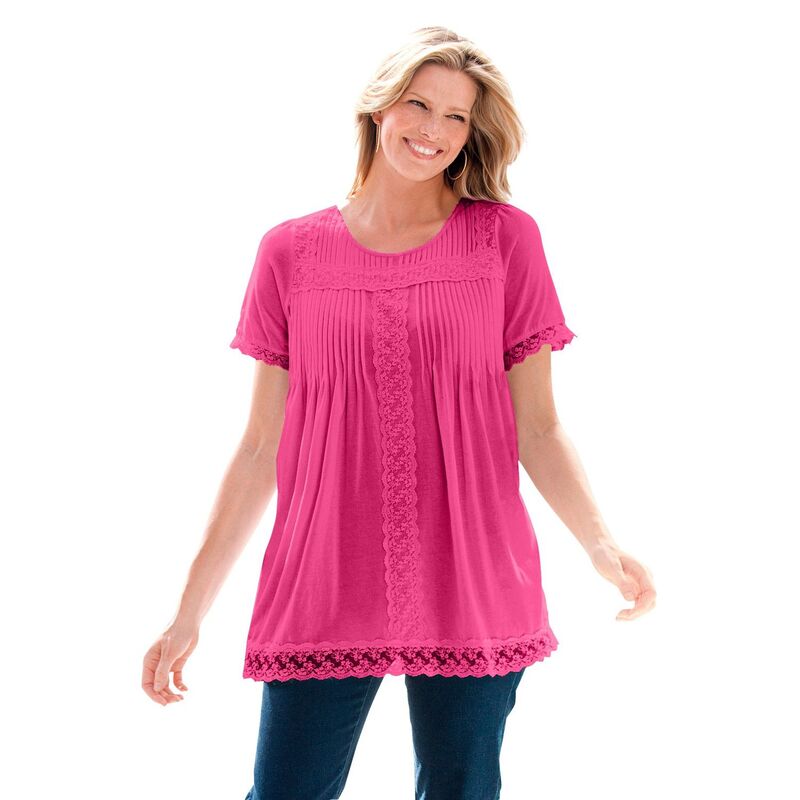 ウーマン ウィズイン レディース トップス Tシャツ プラスサイズ レース Woman Within Women's Plusize Lace-Trim Pintucked Tunic Raspberry Sorbet|ReVida 店