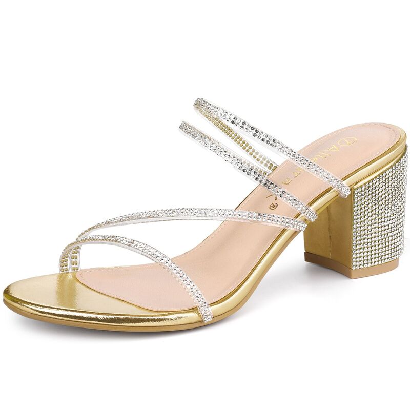 アレグラ ケー レディース シューズ パンプス サンダル ヒール ALLEGRA K Women'strappy Rhinestone Block Heel Slide Sandals Gold ゴールド｜ReVida 店