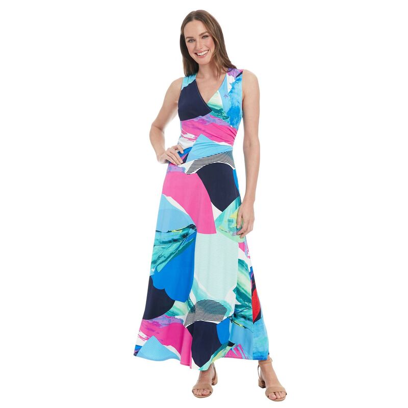 ロンドンタイムス レディース トップス ワンピース ノースリーブ マキシ Women's London Timeshirred Warp Sleeveless Maxi Dress White Blue ホワイト｜ReVida 店