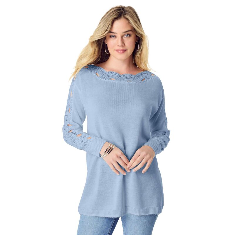 ロアマンズ レディース アウター ニット・セーター プラスサイズ Roaman's Women's Plusize Pointelle Sleeve Pullover Pale Blue ブルー