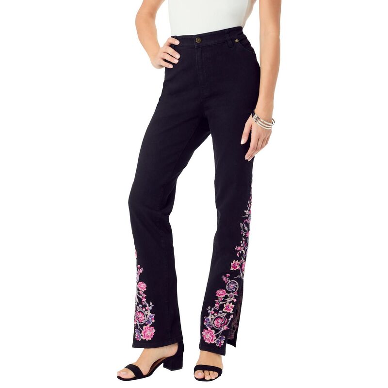 ロアマンズ レディース ボトムス デニムパンツ プラスサイズ 刺繍 Roaman's Women's Plusize Invisible Stretch Embroidered Split Flare-Leg Jean Black Vine ブラック｜ReVida 店