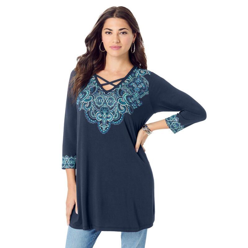 ロアマンズ レディース トップス Tシャツ ドレープラスサイズ Roaman's Women's Plusize Criss Cross Ultra Drape Tunic Navy Medallion ネイビー