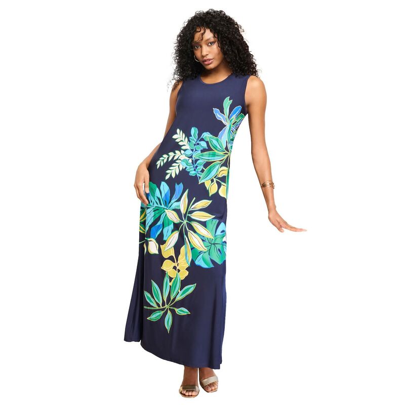 ロアマンズ レディース トップス ワンピース プラスサイズ プチ ノースリーブ マキシ Roaman's Women's Plusize Petite Ultrasmooth Sleeveless Maxi Dress Navy Bold Leaves ネイビー|ReVida 店