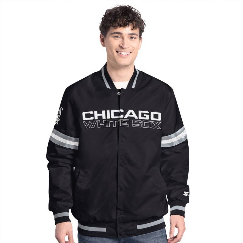 スターター メンズ アウター ジャケット・ブルゾン Men'sStarter Black Chicago White Sox Scout Full-Snap Varsity Jacket Sox Black ブラック｜ReVida 店
