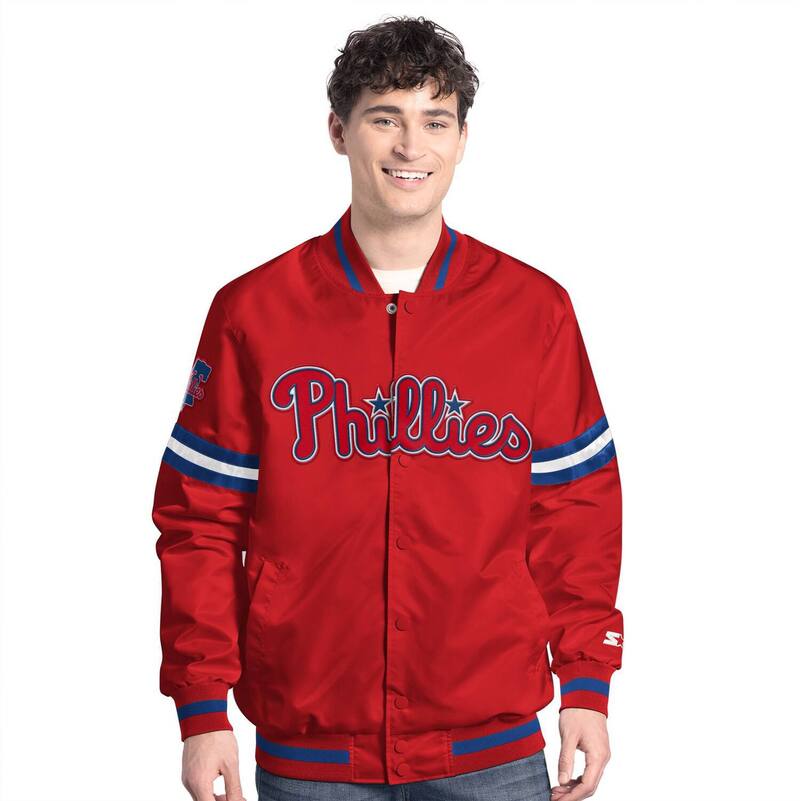 スターター メンズ アウター ジャケット・ブルゾン Men'sStartered Philadelphia Philliescout Full-Snap Varsity Jacket Phl Red レッド｜ReVida 店