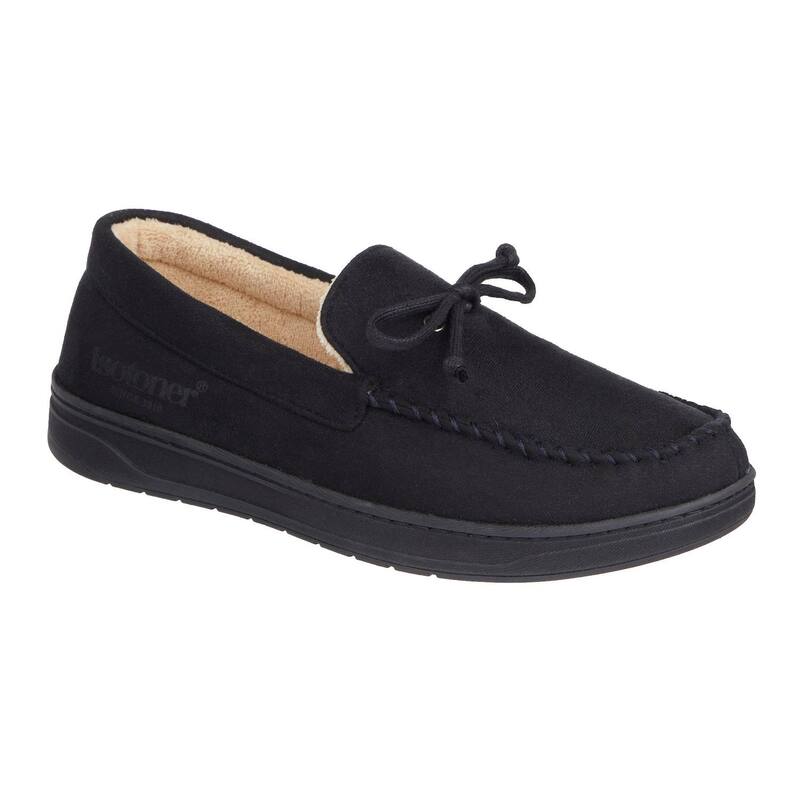 アイソトナー メンズ シューズ サンダル スエード Isotoner Microsuede Boater Men's Moccasin Slippers Black ブラック｜ReVida 店