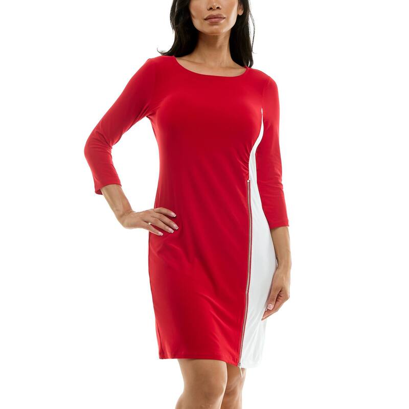 ニナレオナルド レディース トップス ワンピース ミニ カラーブロック Women's Nina Leonard Colorblock Faux-Wrap Mini Dress Red White ホワイト