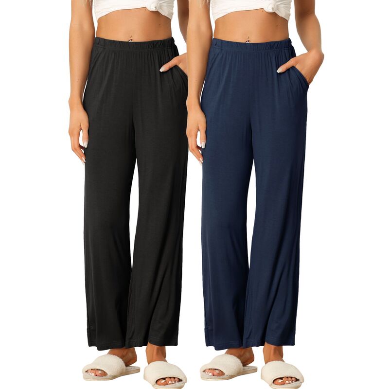 cheibear レディース アンダーウェア ナイトウェア パンツ コットン cheibear Women's Cotton Sleepants Elastic Waist Wide-leg Straight Pantsleepwear 2 Pack Deep Blue Black ブラック｜ReVida 店