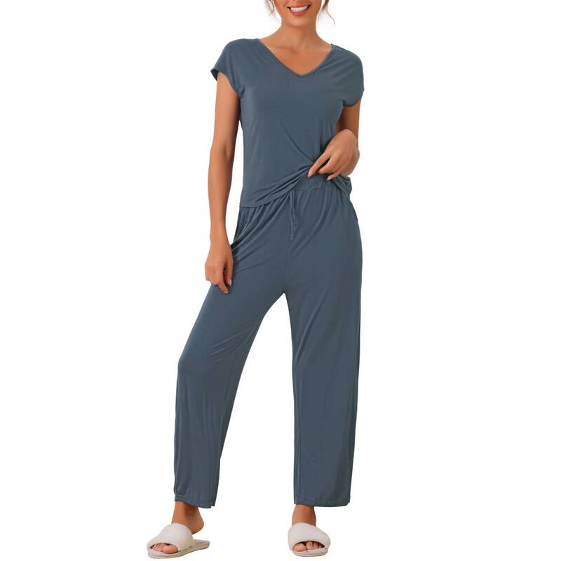 cheibear レディース アンダーウェア ナイトウェア パンツ cheibear Womenshort Sleeve Modal Casual Set Pajama 2 Piece Loungewear Long Pantsweatsuit Deep Blue ブルー