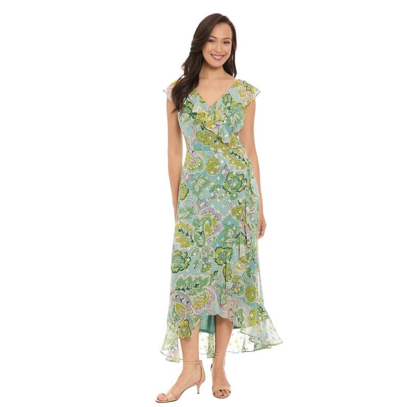 ロンドンタイムス レディース トップス ワンピース プチ フリル マキシ Petite London Times Ruffle Wrap Maxi Dress Aqua アクア｜ReVida 店