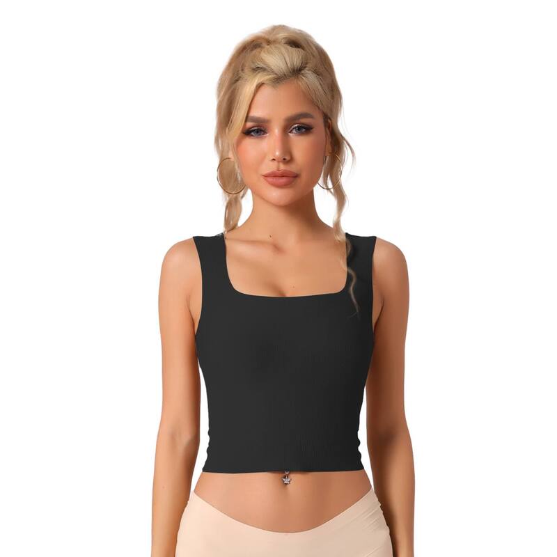 アレグラ ケー レディース トップス シャツ スリムフィット リブ ALLEGRA K Women's Ribbed Tank Top with Built-In Bra Slim Fit Square Neck Undershirt Black ブラック|ReVida 店