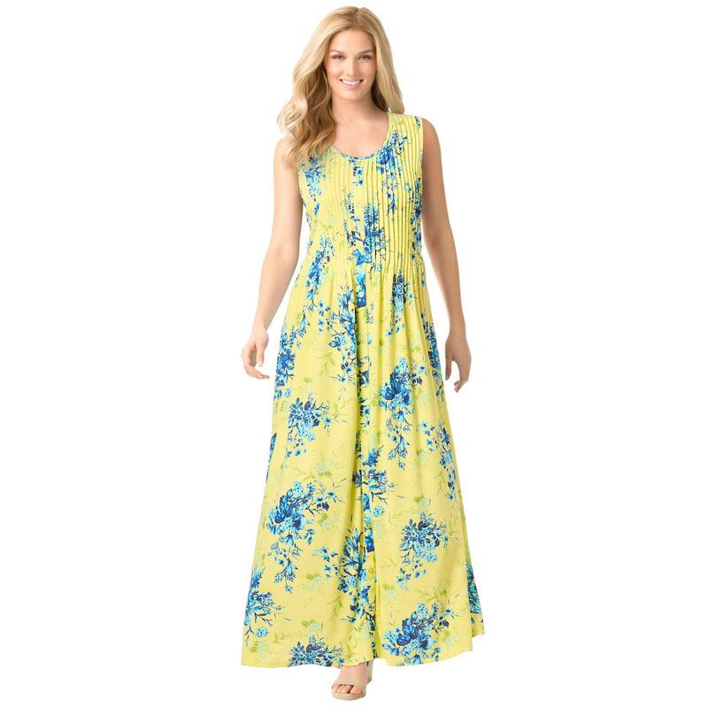 ウーマン ウィズイン レディース トップス ワンピース プラスサイズ ノースリーブ Woman Within Women's Plusize Pintucked Sleeveless Dress Bright Lemon Floral