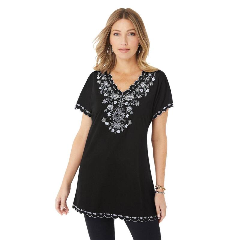 ロアマンズ レディース トップス Tシャツ フラワー柄 プラスサイズ 刺繍 フラワー Roaman's Women's Plusize Floral Embroidered Tee Black Whitembroidery ホワイト