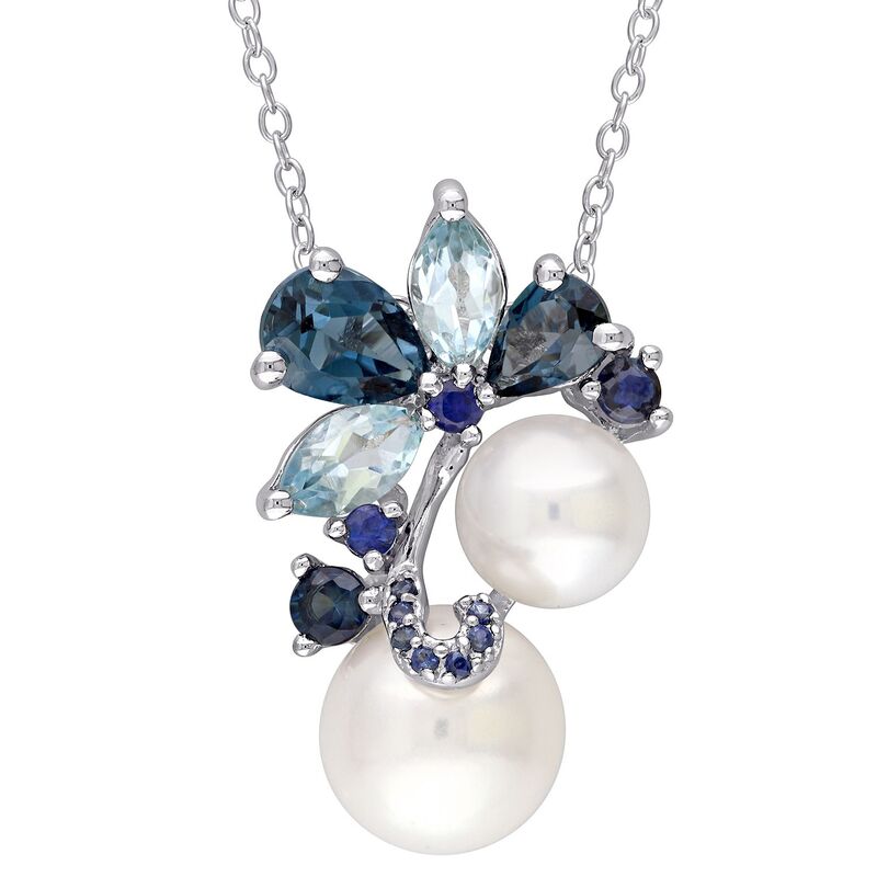 ステラ グレース レディース アクセサリー ネックレス・チョーカー・ペンダントトップ Stella Grace Sterling Silver Freshwater Cultured Pearl Blue Topaz & Sapphire Pendant Silvertone パール