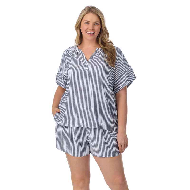 ドレイパージェームス レディース アンダーウェア ナイトウェア プラスサイズ ショートパンツ Plusize Draper James 2-Piece Seersucker Short Sleeve Pajama Top & Pajama Shortset Navy Stripe ネイビー｜ReVida 店
