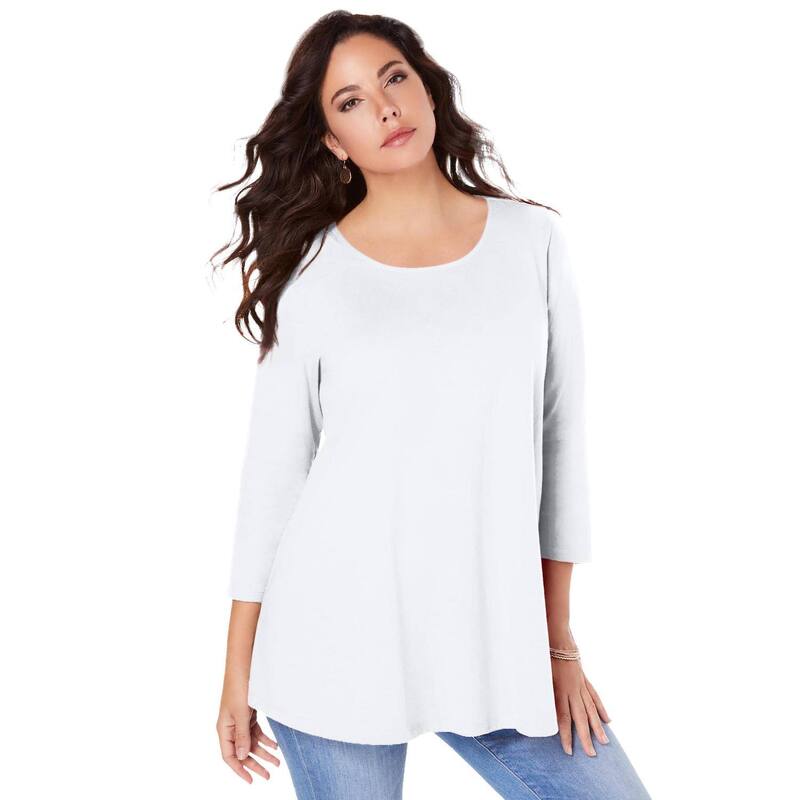ロアマンズ レディース トップス Tシャツ プラスサイズ Roaman's Women's Plusize Three Quarter Sleeve Swing Ultimatee White ホワイト|ReVida 店