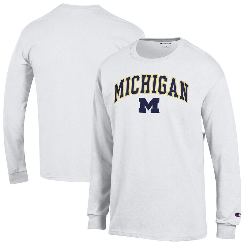 チャンピオン メンズ トップス Tシャツ ロゴ Men'sChampion White Michigan Wolverines Arch Over Logo Long Sleeve T-Shirt Mic White ホワイト