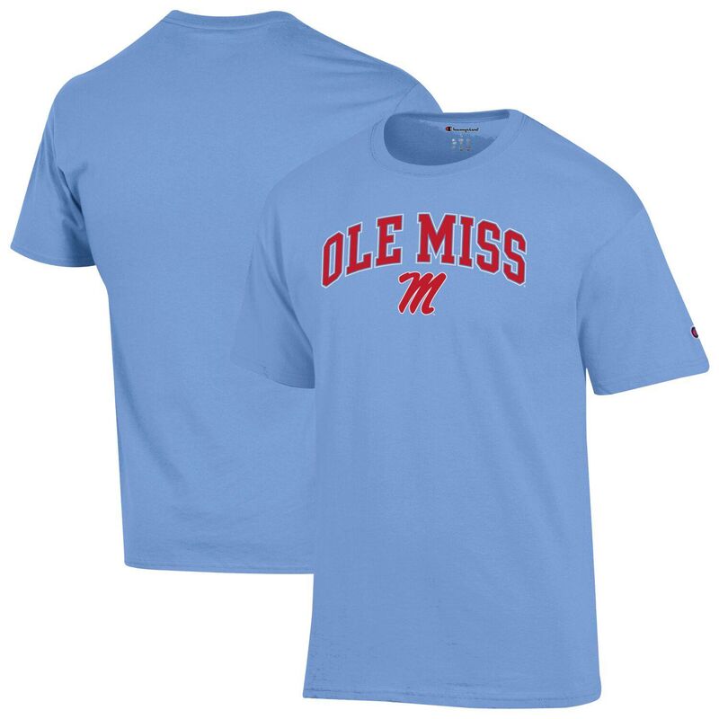 チャンピオン メンズ トップス Tシャツ ロゴ MenChampion Powder Blue Ole Miss Rebels Arch Over Logo T-Shirt Ole Light ブルー