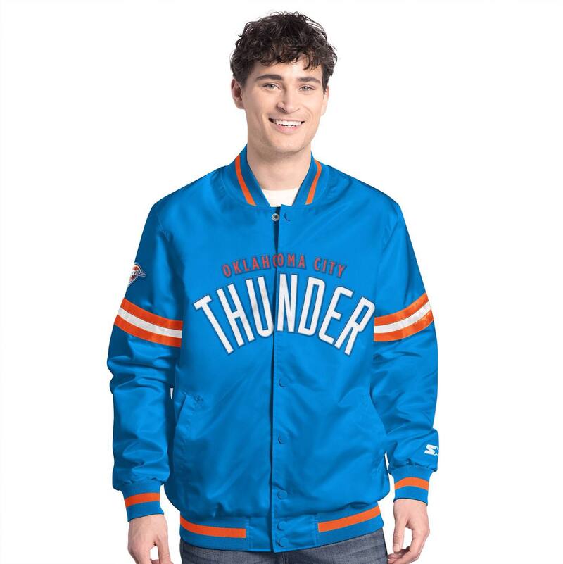 スターター メンズ アウター ジャケット・ブルゾン Men'starter Blue/Orange Oklahoma City Thunder Scout Full Snap Varsity Jacket Okt Blue ブルー｜ReVida 店