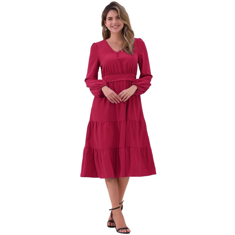 アレグラ ケー レディース トップス ワンピース Vネック A ライン フリル ミディ ALLEGRA K V Neck Dress for Women's Lantern Sleeve Ruffle Flowy A-Linelegant Casual Midi Dresses Dark Red レッド