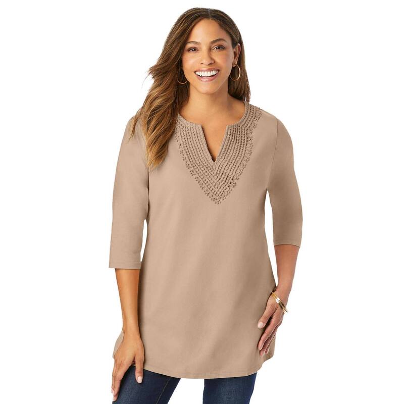 ジェシカロンドン レディース トップス Tシャツ プラスサイズ コットン Jessica London Women's Plusize Stretch Cotton Crochet Notch Neck Tunic New Khaki カーキ