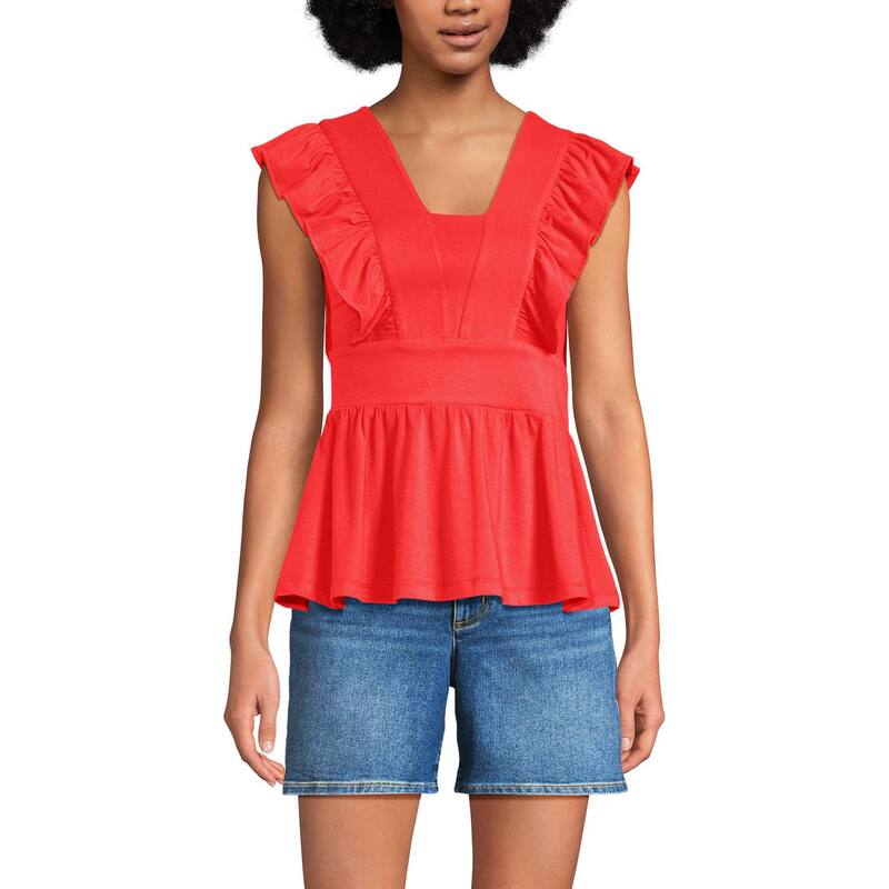 ランズエンド レディース トップス Tシャツ フリル ジャージー Women's Lands' End Lightweight Jersey Ruffle Peplum Top Bright Poppy