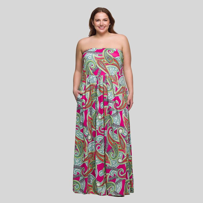 24 セブンコンフォート レディース トップス ワンピース A ライン プラスサイズ ストラップレス マキシ Plusize 24Seven Comfort Apparel A-Line Strapless Pocket Maxi Dress Pink Multi ピンク｜ReVida 店