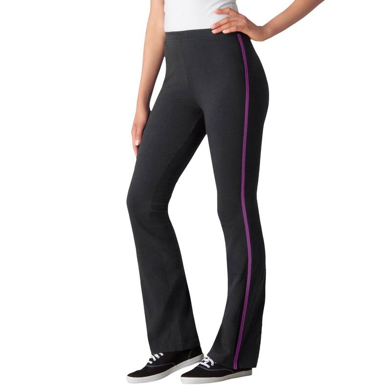 ウーマン ウィズイン レディース ボトムス カジュアルパンツ ブーツカット プラスサイズ プチ コットン ブーツ Woman Within Women's Plusize Petite Stretch Cotton Side-Stripe Bootcut Pant Black Plum Purple ブラック