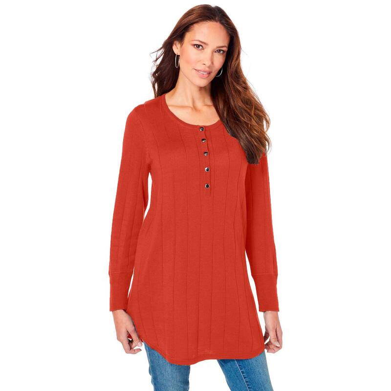 ロアマンズ レディース アウター ニット・セーター プラスサイズ Roaman's Women's Plusize Fine Gauge Drop Needle Henley Sweater Coppered レッド