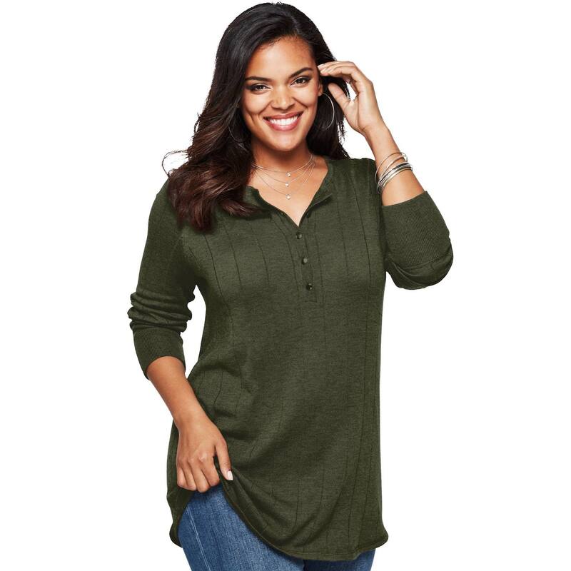 ロアマンズ レディース アウター ニット・セーター プラスサイズ Roaman's Women's Plusize Fine Gauge Drop Needle Henley Sweater Dark Olive Green グリーン