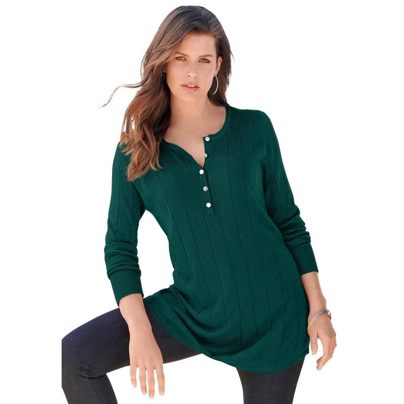 ロアマンズ レディース アウター ニット・セーター プラスサイズ Roaman's Women's Plusize Fine Gauge Drop Needle Henley Sweater Emerald Green グリーン