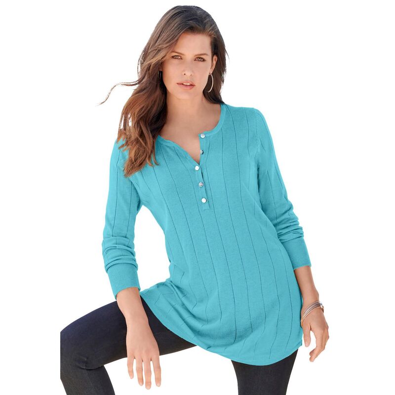 ロアマンズ レディース アウター ニット・セーター プラスサイズ Roaman's Women's Plusize Fine Gauge Drop Needle Henley Sweater Softurquoise ターコイズ