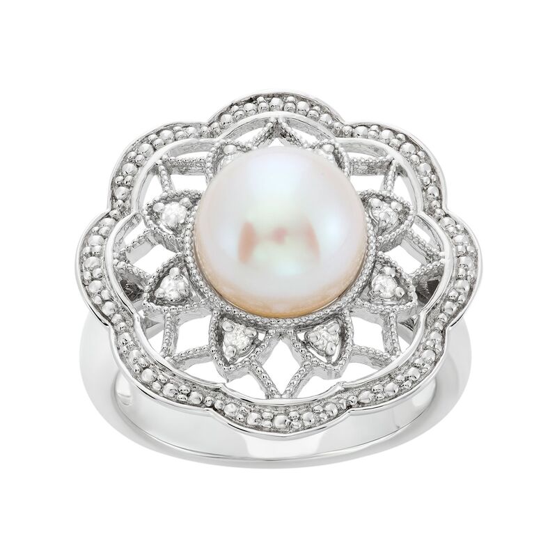 アンブランデッド レディース アクセサリー リング Unbranded Freshwater Cultured Pearl and 1/10 Carat.W. Diamond Sterling Silver Flowering White ホワイト