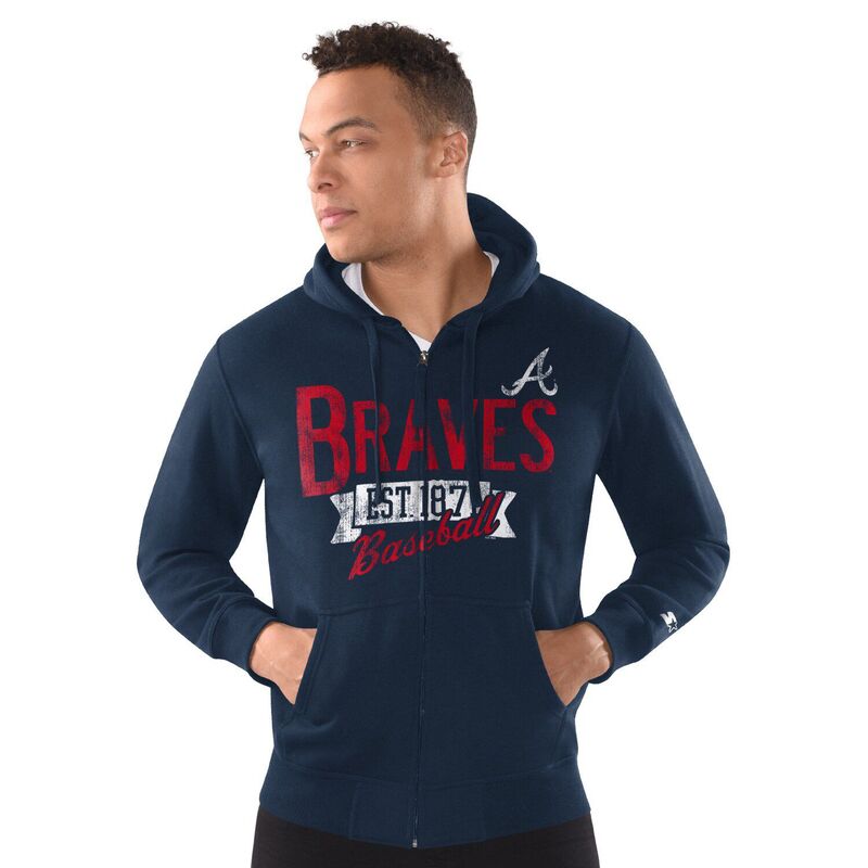 スターター メンズ トップス Tシャツ フーデッドジャケット Men'starter Navy Atlanta Braves Distressed Full-Zip Hooded Jacket Brv Navy ネイビー