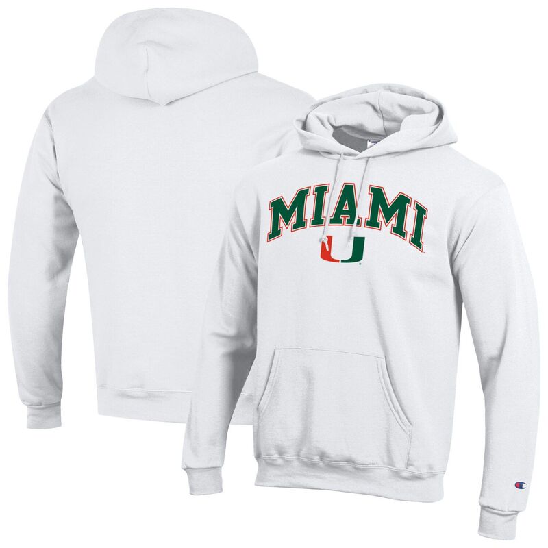 はやりっ子 メンズ トップス プルオーバー ロゴタイプ パーカー Men\u0027sChampion White Miami Hurricanes Arch Over Logo Pullover Hoodie Mia White 白いこと