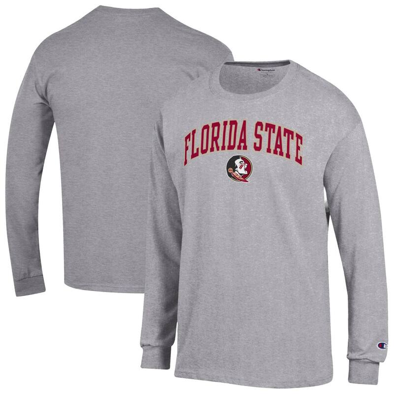 チャンピオン メンズ トップス Tシャツ ロゴ Men'sChampion Heather Gray Florida State Seminoles Arch Over Logo Long Sleeve T-Shirt Fsu Grey グレー