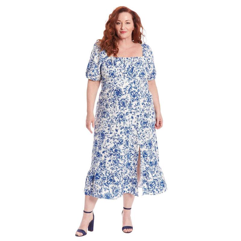 ロンドンタイムス レディース トップス ワンピース フラワー柄 プラスサイズ ミディ エンパイア フラワー Plusize London Times Floral Square Neck Puff Sleevempire Waist Midi Dress Ivory Navy アイボリー