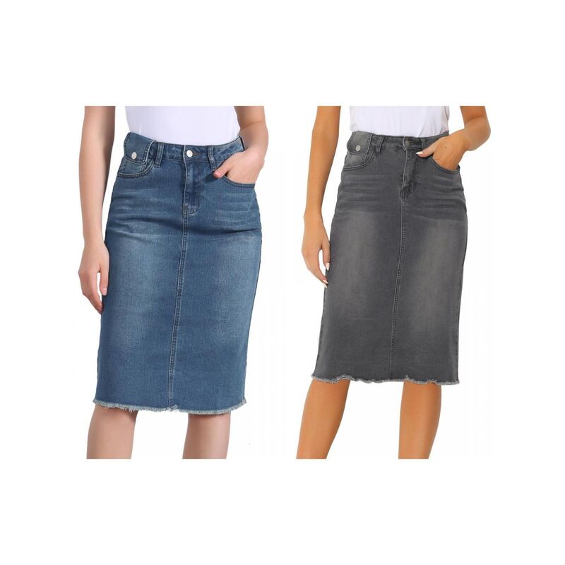 アレグラ ケー レディース ボトムスカート ハイウエスト ミディ デニム ALLEGRA K 2 Packs Women's High Waist Solid Jean Skirt Back Vent Midi Length Denim Skirts Blue Grey グレー｜ReVida 店