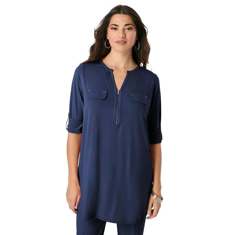 ロアマンズ レディース トップス Tシャツ プラスサイズ Roaman's Women's Plusize Zip Front Ultrasmooth Fabric Tunic Navy ネイビー
